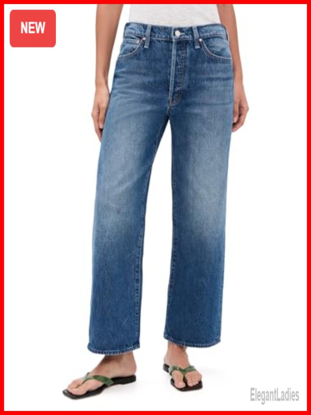 Mid Rise Straight Leg Button Fly Flood Jeans Loose Fit Denim